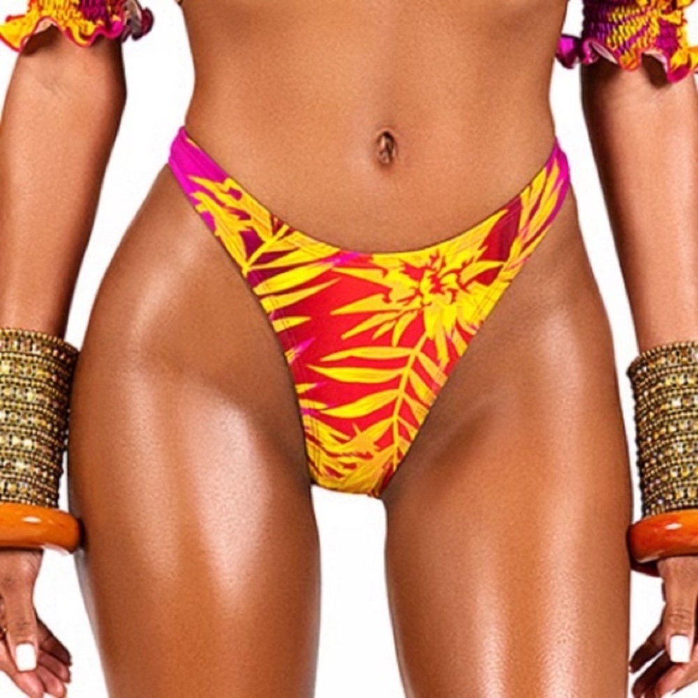 New! Bfyne Red Pink Yellow Tropical Floral Print Bikini Bottom 3522
